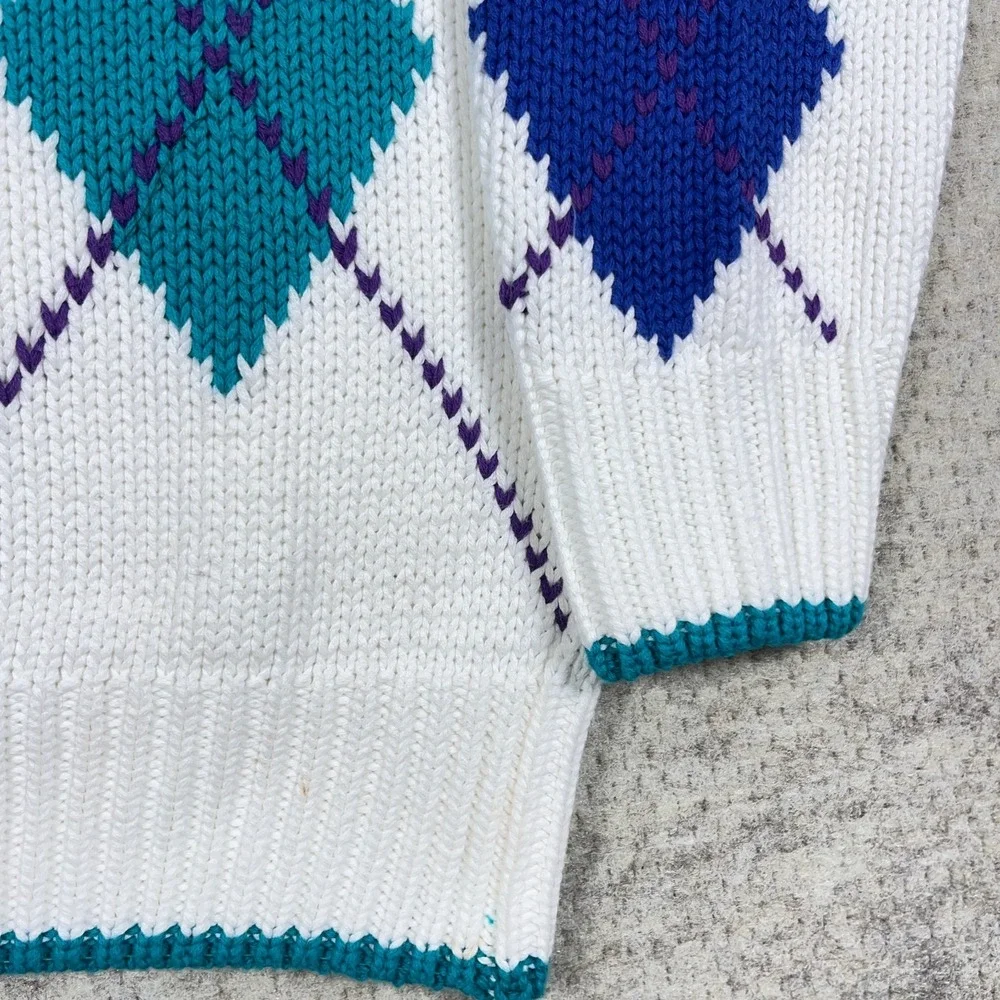Vintage‎ Grandpa Sweater Men Medium White Teal Diamond Crewneck Heavy Knit 90s *